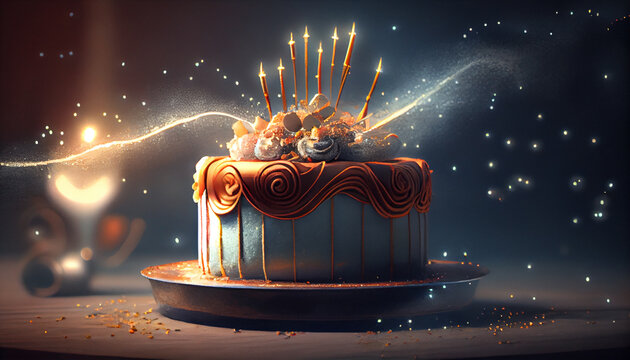 Beautiful celebration festive few tier cake, magic composition with candles and bokeh. Generative AI illustration