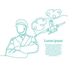 Pilot and aircraft in the sky, aviator, man in uniform.  One continuous line art drawing illustration of  a pilot.