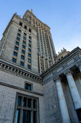 Warsaw City Palace of Culture and Science, seen from below, on a sunny afternoon.