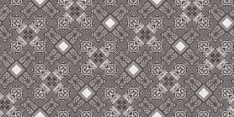 Country cottage grey intricate damask seamless border. 2 Tone french style ribbon. Simple rustic fabric textile for shabby chic patchwork. 