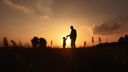 Fototapeta na wymiar Silhouette Father and son standing on meadow autumn sunrise background, Happy Father's Day concept: ,Generative AI