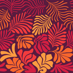 Multicolor abstract background with tropical palm leaves in Matisse style. Vector seamless pattern with Scandinavian cut out elements.