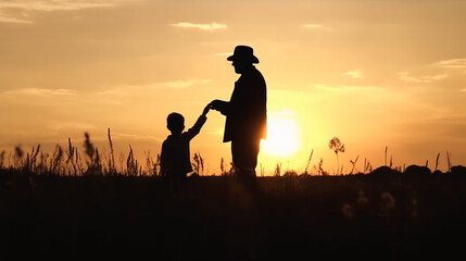 Silhouette Father and son standing on meadow autumn sunrise background, Happy Father's Day concept: ,Generative AI