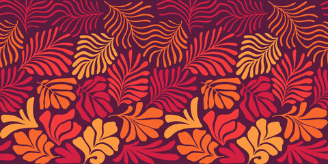 Multicolor abstract background with tropical palm leaves in Matisse style. Vector seamless pattern with Scandinavian cut out elements.