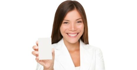 Sign card woman holding paper like phone. Empty paper business card with copy space. Beautiful young businesswoman smiling happy in white suit isolated transparent PNG background.