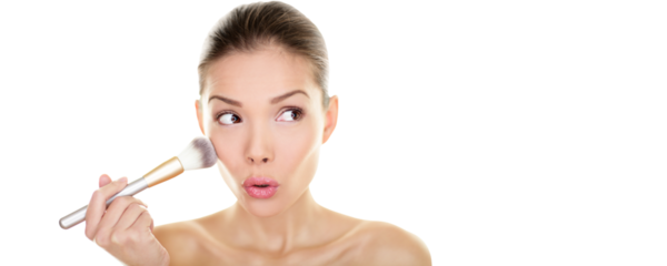 Makeup blush beauty woman looking funny away to side. Surprised cute adorable girl applying make-up on cheeks make up brush looking sideways. Mixed race model Isolated on transparent background in PNG