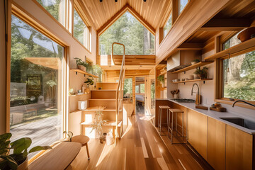 Tiny house interior with natural wooden decor. Generative AI illustration - obrazy, fototapety, plakaty