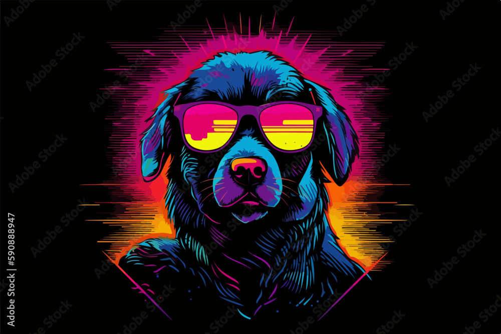 Wall mural Neon Dog, 80s style t-shirt vector illustration