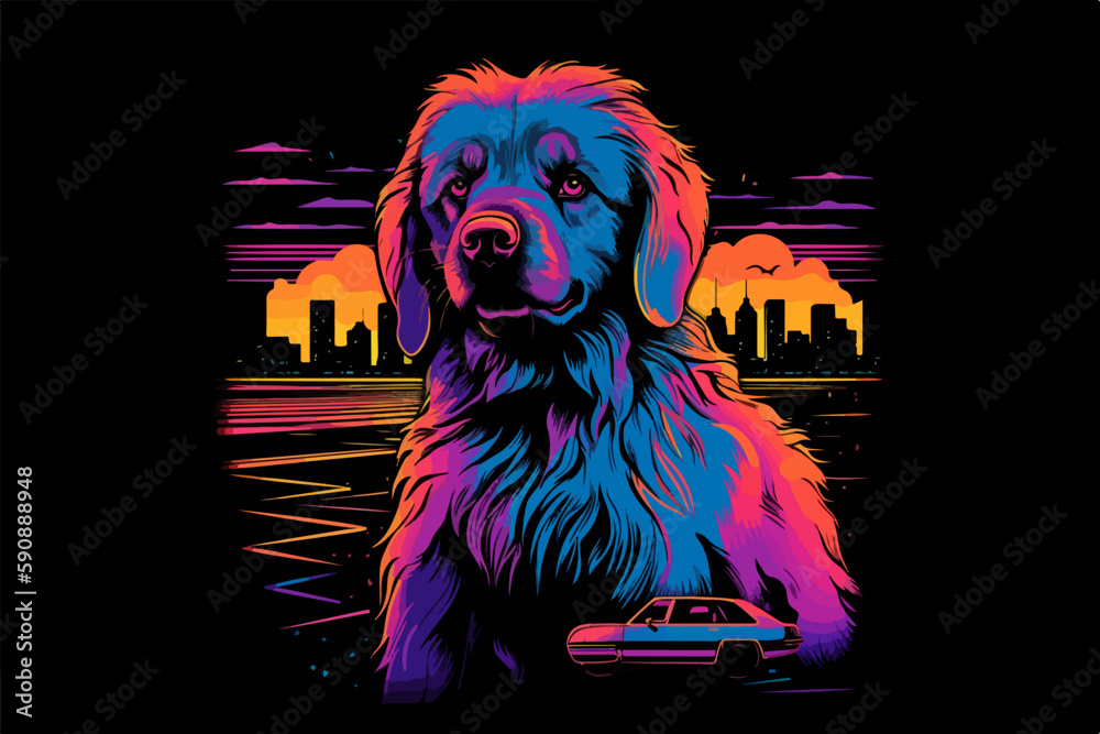 Wall mural Neon Dog, 80s style t-shirt vector illustration