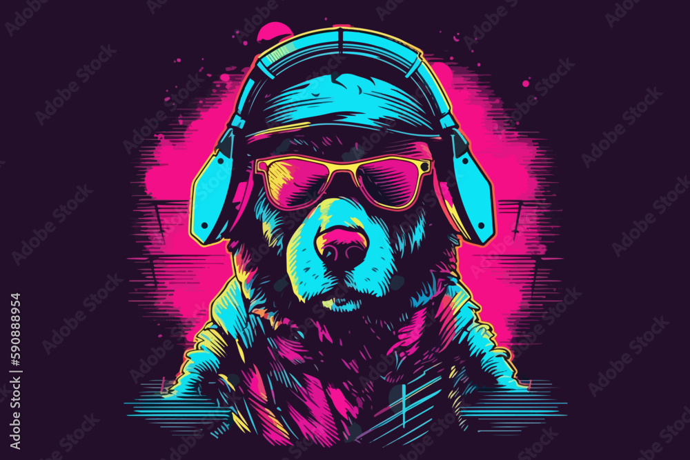 Wall mural Neon Dog, 80s style t-shirt vector illustration