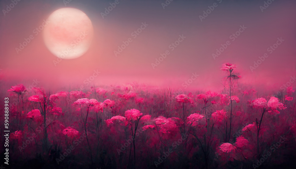 Wall mural Meadow artwork. Floral field. Fantasy nature. Pink color blooming flowers plants in moonlight gradient skyline art illustration abstract background with free space.