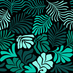 Multicolor abstract background with tropical palm leaves in Matisse style. Vector seamless pattern with Scandinavian cut out elements.