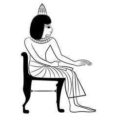 Ancient Egyptian man sitting on a chair. Black and white linear silhouette. Isolated vector illustration.