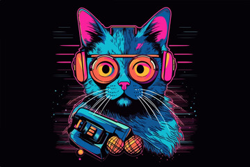 Neon Cat, 80s style t-shirt vector illustration © evgeny