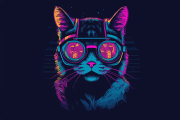 Neon Cat, 80s style t-shirt vector illustration