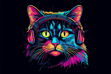 Neon Cat, 80s style t-shirt vector illustration