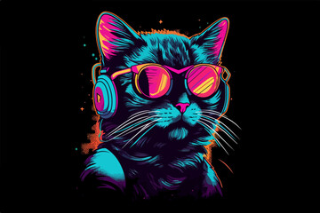 Neon Cat, 80s style t-shirt vector illustration