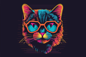 Neon Cat, 80s style t-shirt vector illustration