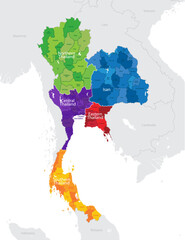 Map of the administrative division of Thailand into regions and provinces, detailed vector illustration