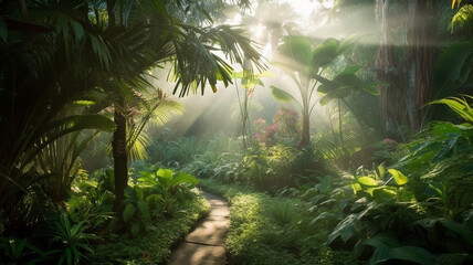 Fototapeta na wymiar Sunlight in the green tropical garden. Beautiful nature background with sunbeams. Generative AI