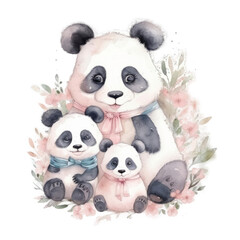 Naklejka premium Cute watercolor panda family, Illustration AI Generative.