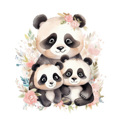 Fototapeta premium Cute watercolor panda family, Illustration AI Generative.