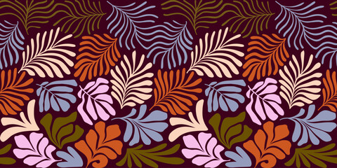 Multicolor abstract background with tropical palm leaves in Matisse style. Vector seamless pattern with Scandinavian cut out elements.