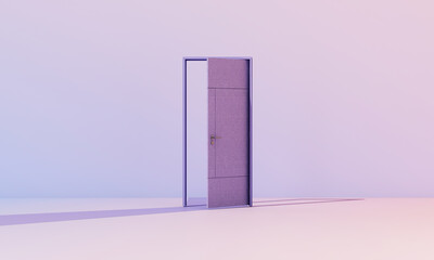 3d render, white clouds going through, flying out the open door, objects isolated on bright pastel rainbow background. Abstract metaphor, modern minimal concept. Surreal dream scene.