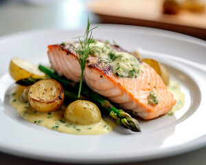 Beautifully plated dish of grilled salmon with a lemon herb sauce, asparagus, and roasted baby potatoes, set on a ceramic plate.