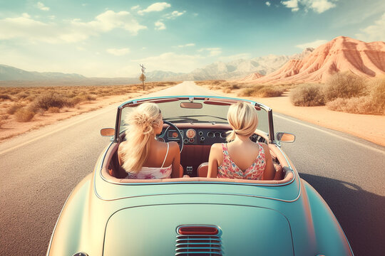 Ladies on a road trip happily enjoying the ride. Fictitious people. AI generated image