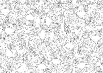Decorative flowers and leaves in art nouveau style, vintage, old, retro style. Seamless pattern, background. Vector illustration. In art nouveau style, vintage, old, retro style.