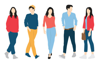 Fototapeta premium Set of young men and women, different colors, cartoon character, group of silhouettes of walking business people, students, the design concept of flat icon, isolated on white background
