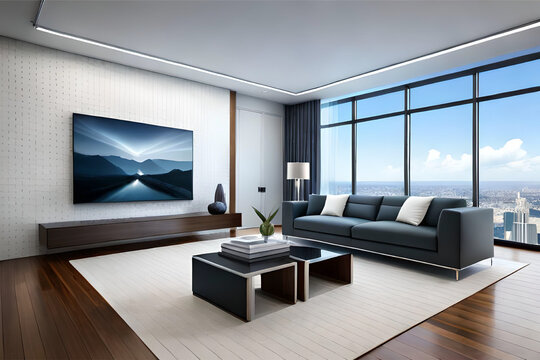 Interior design of a modern, minimalist, simple, clean, and futuristic living room that incorporates contemporary technology, innovative lighting, and advanced sleek furniture | Generative AI