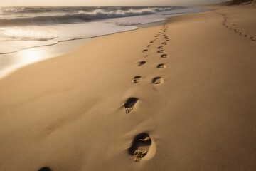 Beach Landscape A line of footprints disappearing into the distance along the shoreline, wet sand imprints 1 - AI Generative