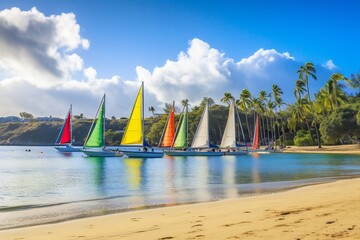 Beach Landscape A row of colorful sailboats anchored just offshore, vibrant hues, billowing sails 3 - AI Generative