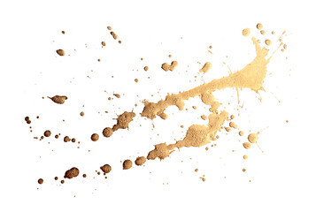 Gold bronze glitter brushstroke painting blot smear. Abstract glow shine stain on white background.