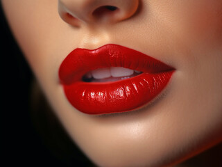 Fototapeta premium Beautiful red female lips, close-up. Generative AI