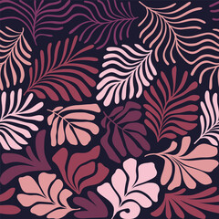 Multicolor abstract background with tropical palm leaves in Matisse style. Vector seamless pattern with Scandinavian cut out elements.