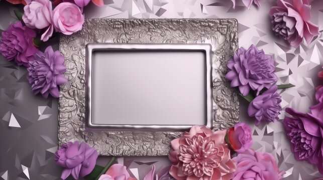 Modern silver picture frame mockup on a neutral textured background with purple and pink flowers created with generative AI technology