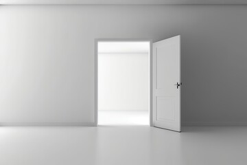 an open door in a minimalistic white room with natural light shining through. Generative AI