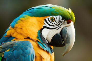 Obraz premium Blue macaw parrot in the treetops in a tropical rainforest, Amazon of Brazil. Wildlife concept of ecological environment. Generative AI