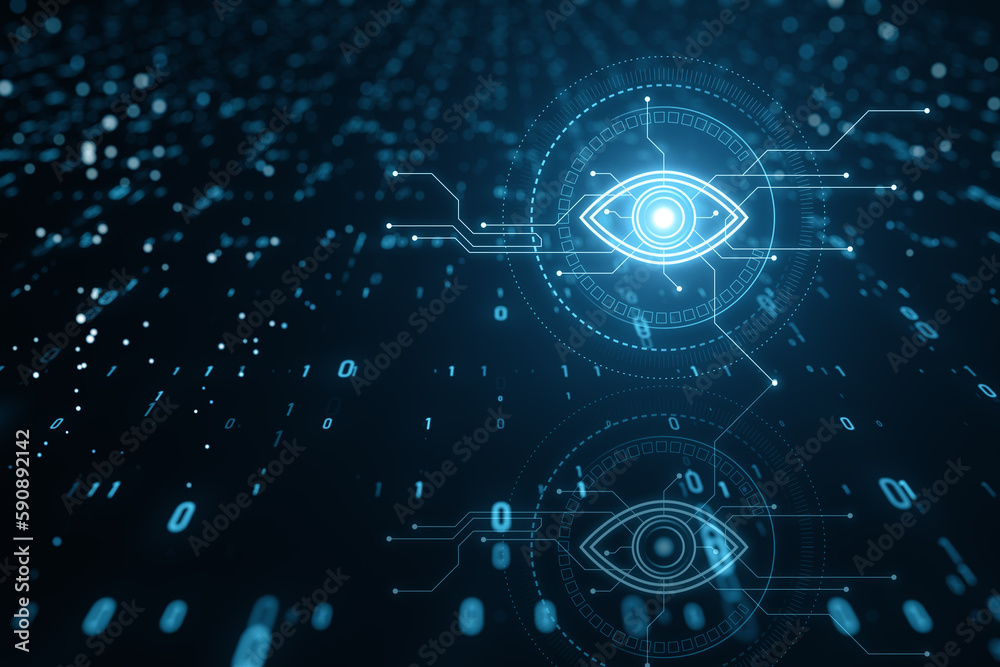 Poster Cyber spy technology hologram, virtual eye of internet control surveillance and digital invigilation backdrop with coding. 3D Rendering.