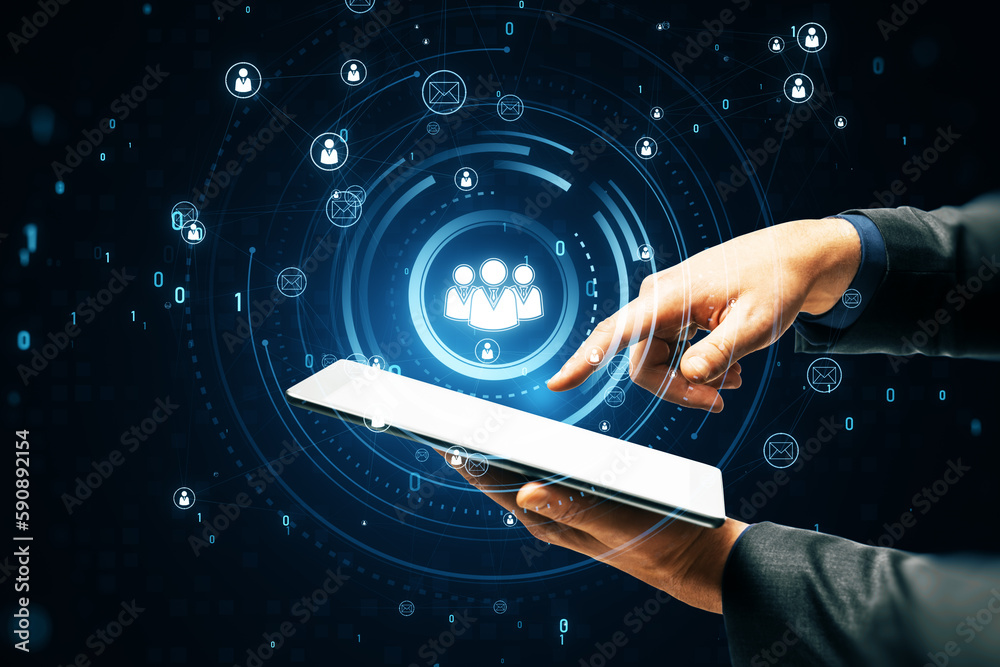 Poster Close up of male hand using mobile phone with glowing people icons hologram. Creative global structure networking and data exchanges customer connection on dark background.