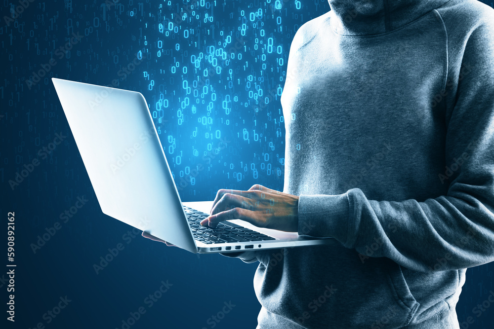 Aufkleber Close up of hacker using laptop with abstract glowing binary code hologram on blue background. Programming, hacking and theft concept.