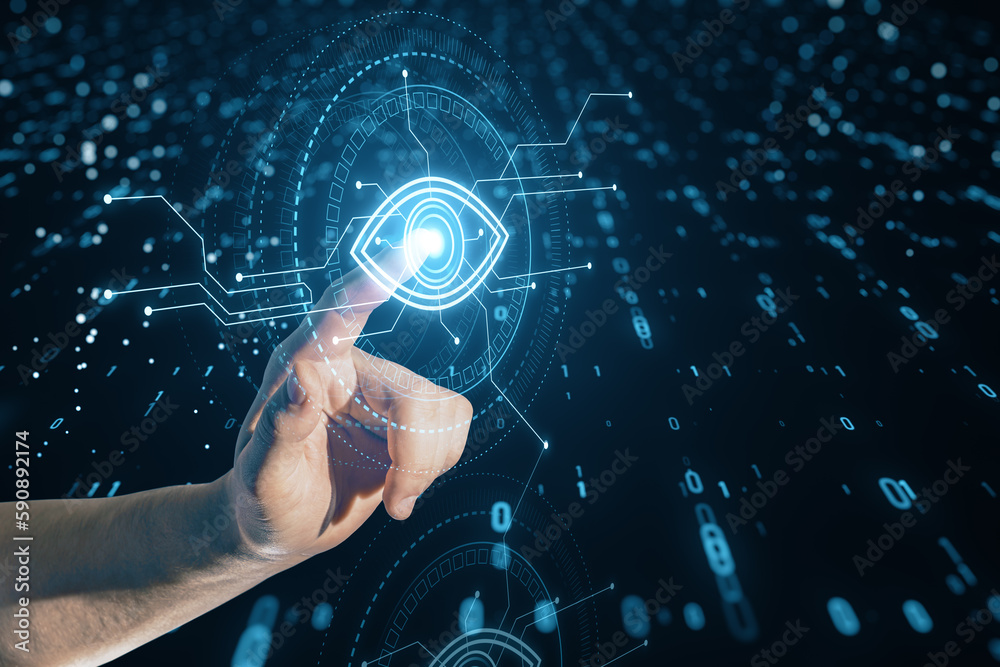 Poster Close up of male hand pointing at cyber spy technology hologram, virtual eye of internet control surveillance and digital invigilation background with coding.