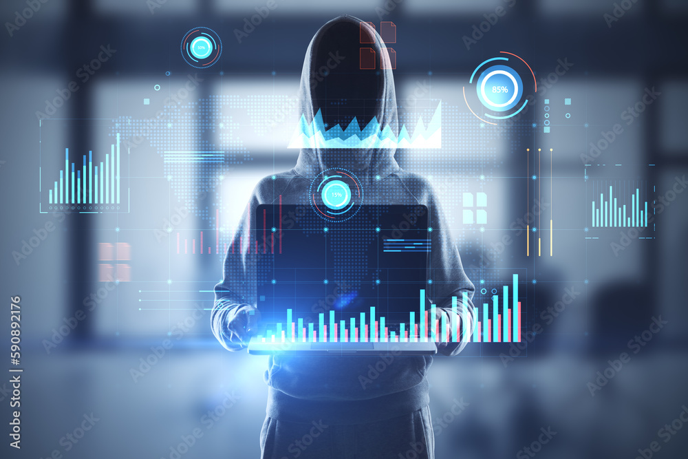 Poster hacker holding laptop with glowing digital business interface with charts on blurry office interior 