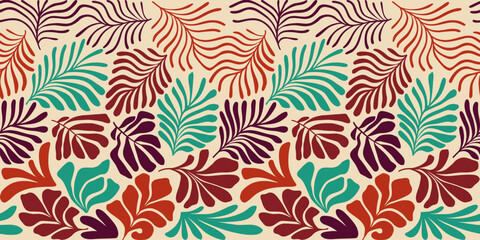 Fototapeta na wymiar Multicolor abstract background with tropical palm leaves in Matisse style. Vector seamless pattern with Scandinavian cut out elements.