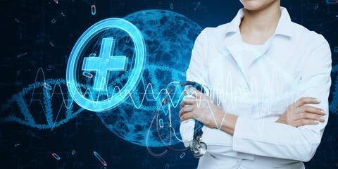 Folded female doctor hands with glowing medical hologram with globe and dna helix on blurry background. Medicine, technology and future concept.