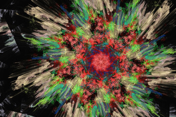 Multicolored motley floral pattern of crooked waves on a black background. Abstract fractal 3D rendering