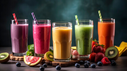 Fototapeta na wymiar Healthy smoothies in various colors, served in tall glasses and garnished with fresh fruit, set on a bright, clean background.